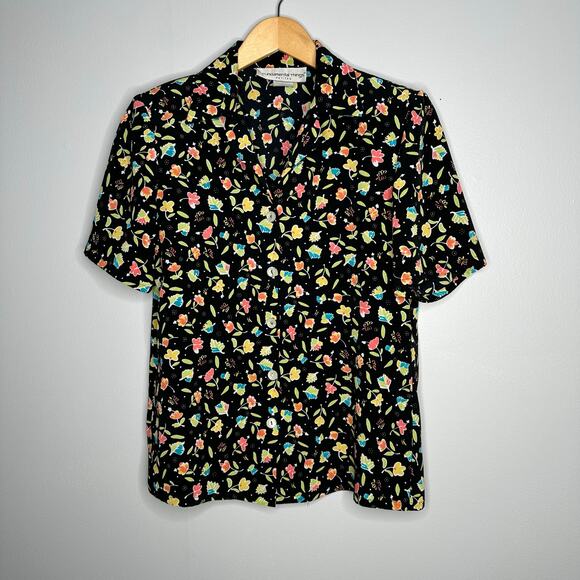 Vintage Fundamental Things Petites Women’s Black Floral Button-Down Shirt - Picture 1 of 6